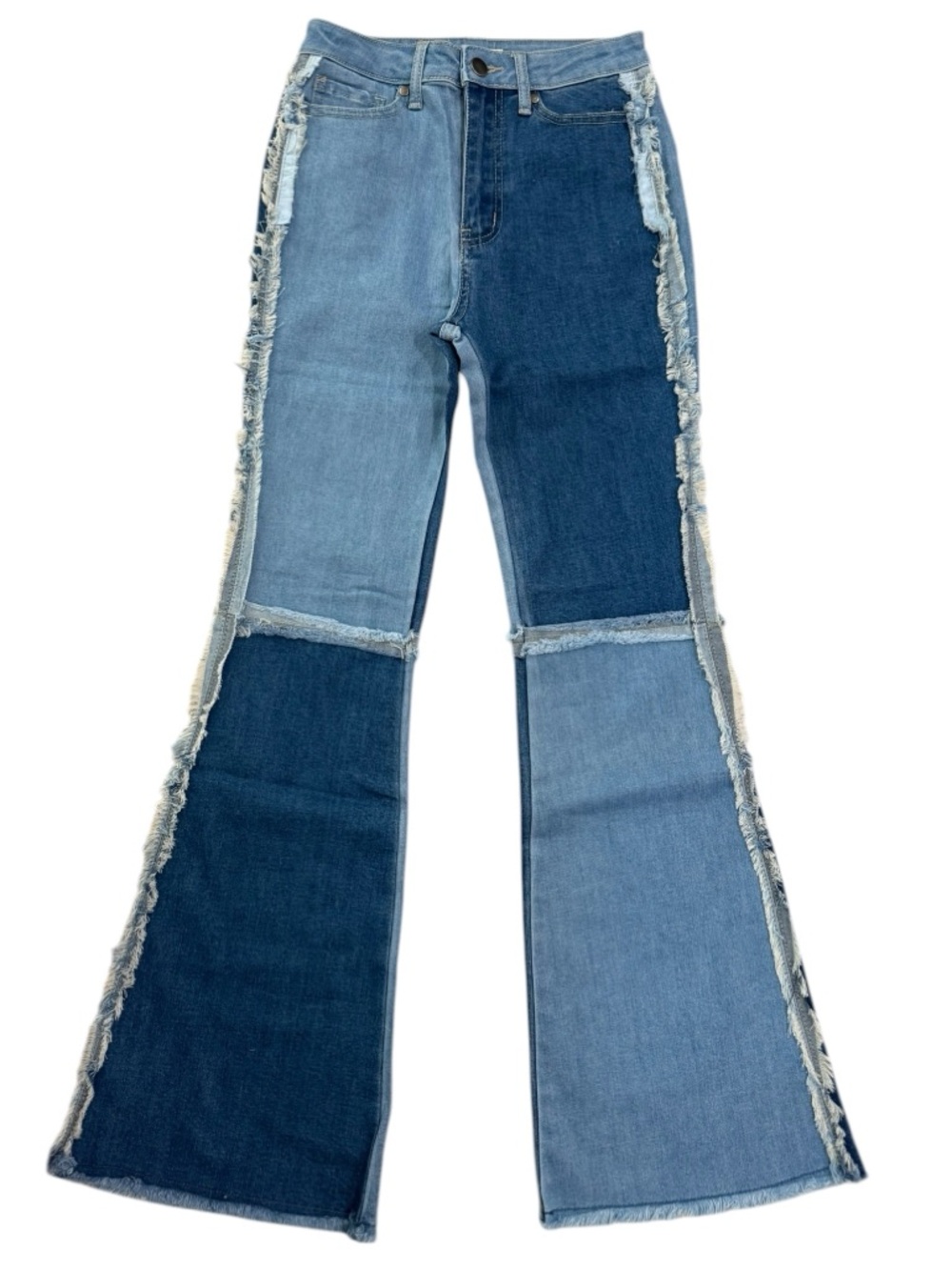 Easel Color Block Dark Denim Patchwork Flare Jeans S